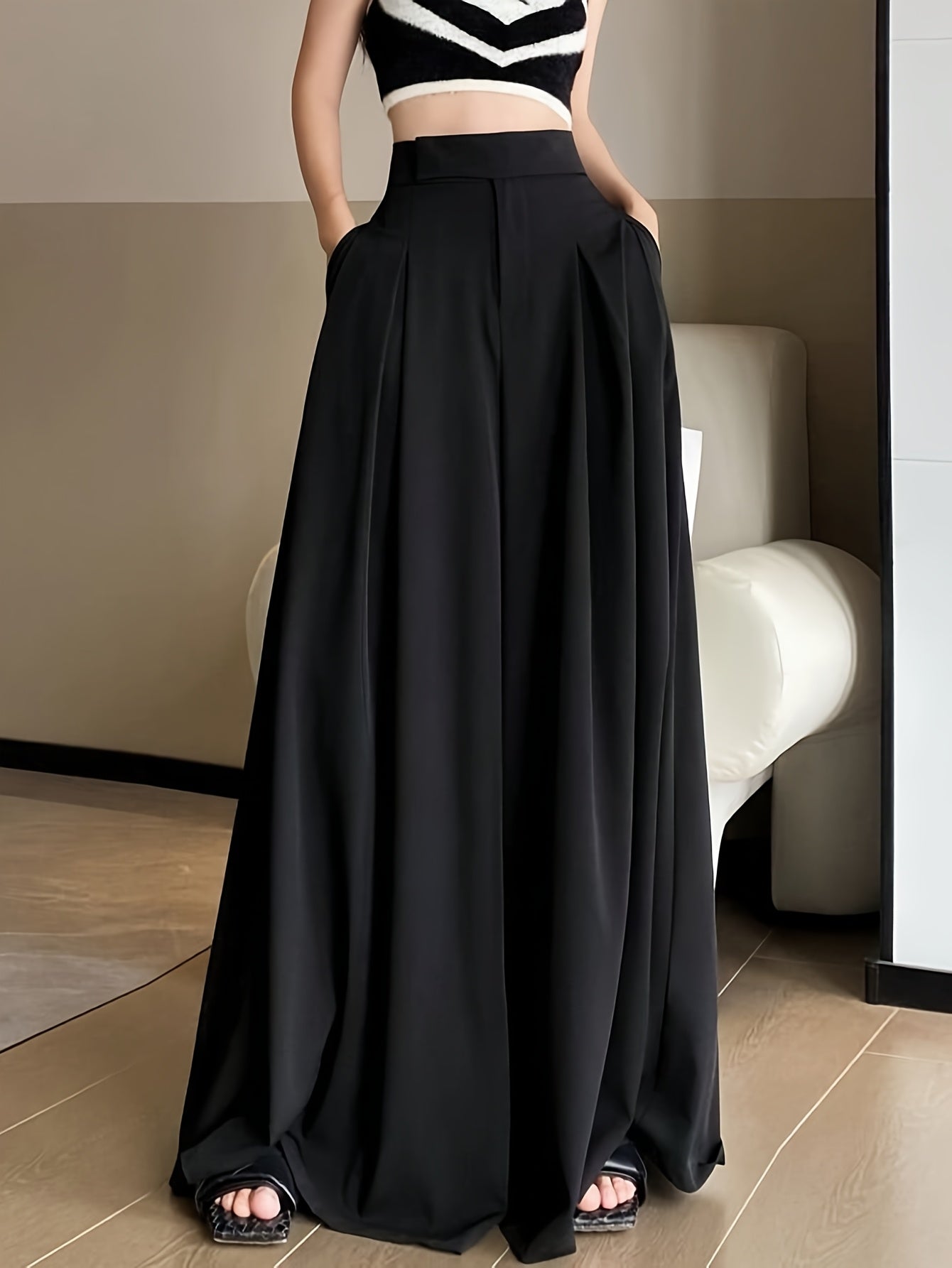 Women'S Elegant Solid Color Wide-Leg Pants with Pockets