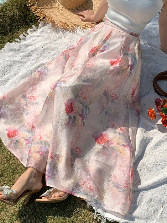 Women's Elegant A-Line Floral Print Maxi Skirt